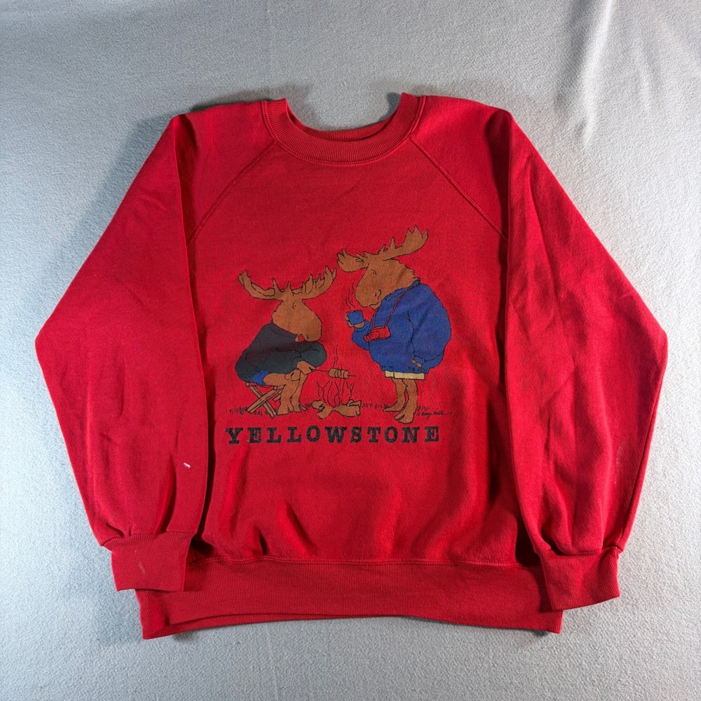 Vintage Bassett Walker Yellowstone Moose Campfire Sweatshirt Red XL Mens Raglan